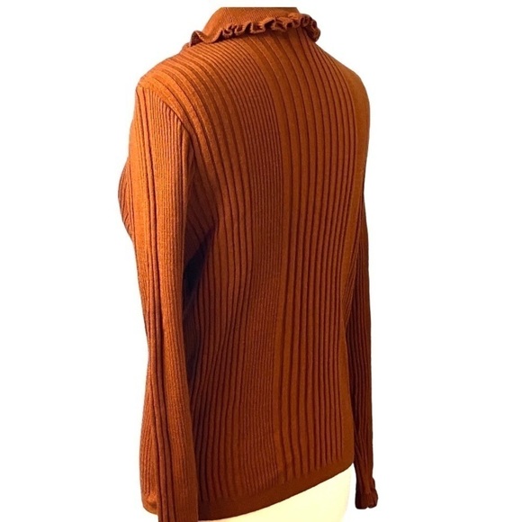 ASOS Fall Rust Orange Pumpkin Ruffle Mock Neck Sweater Stretch Ribbed FALL Cozy - Picture 6 of 9